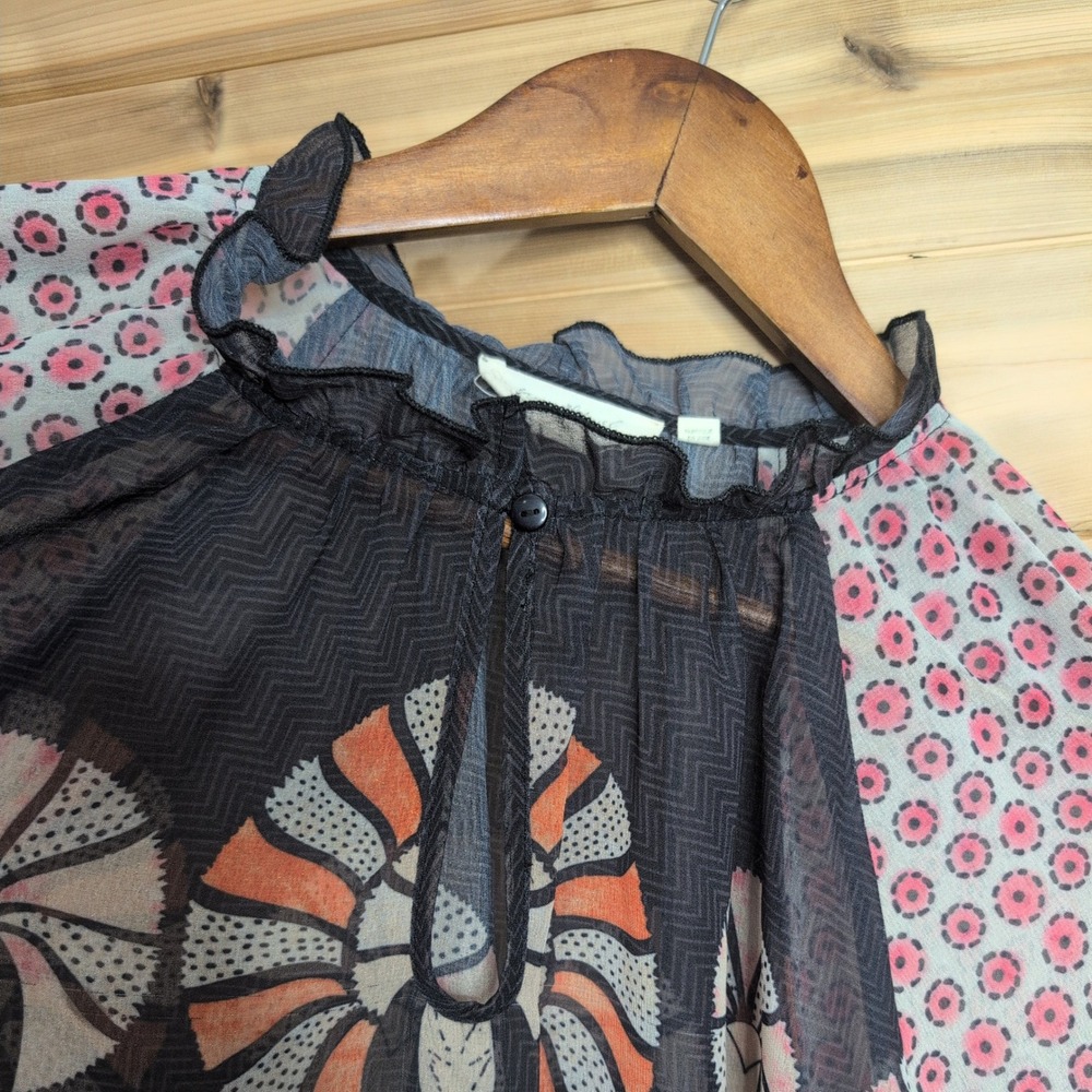 Anthropologie Floral Mixed Print Ruffle Neck Balloon Sleeve Blouse Small - Picture 2 of 11